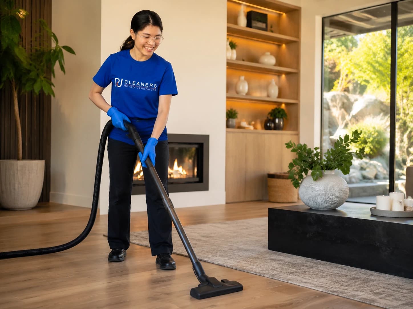 Professional cleaner performing high-standard cleaning in a spacious living room