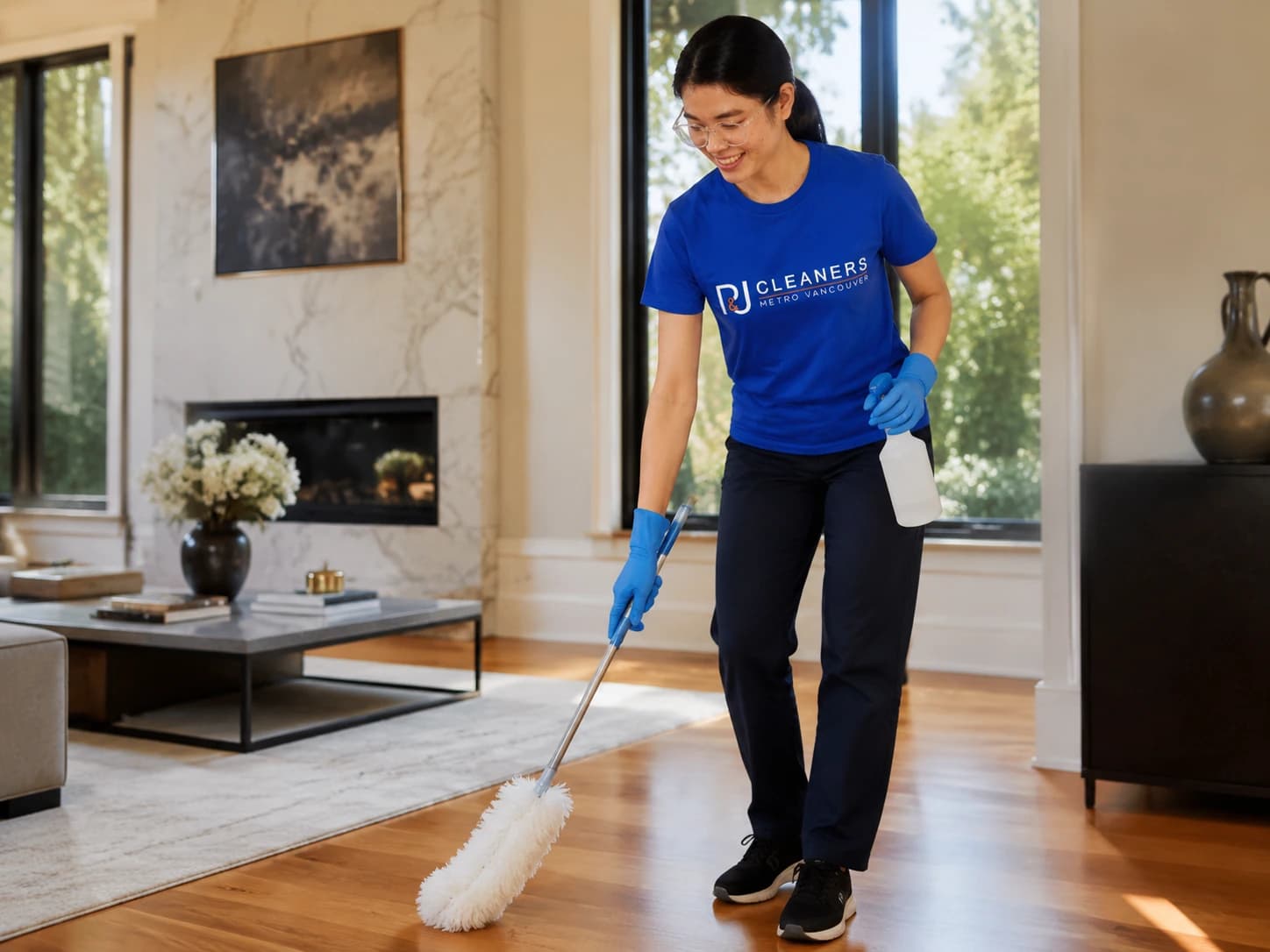 Professional cleaning a bright Vancouver living room with natural sunlight