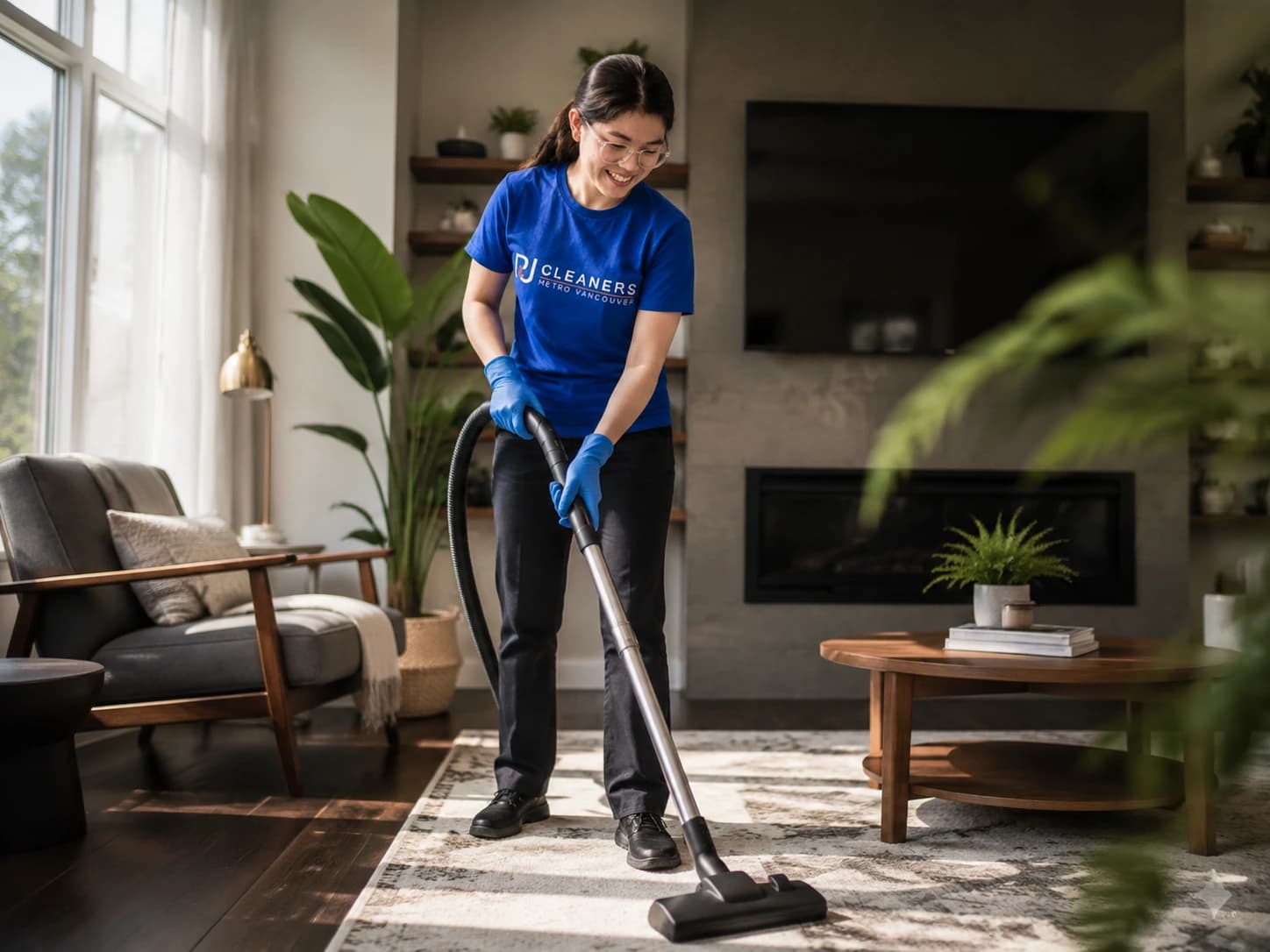 Professional cleaner vacuuming a spacious living room