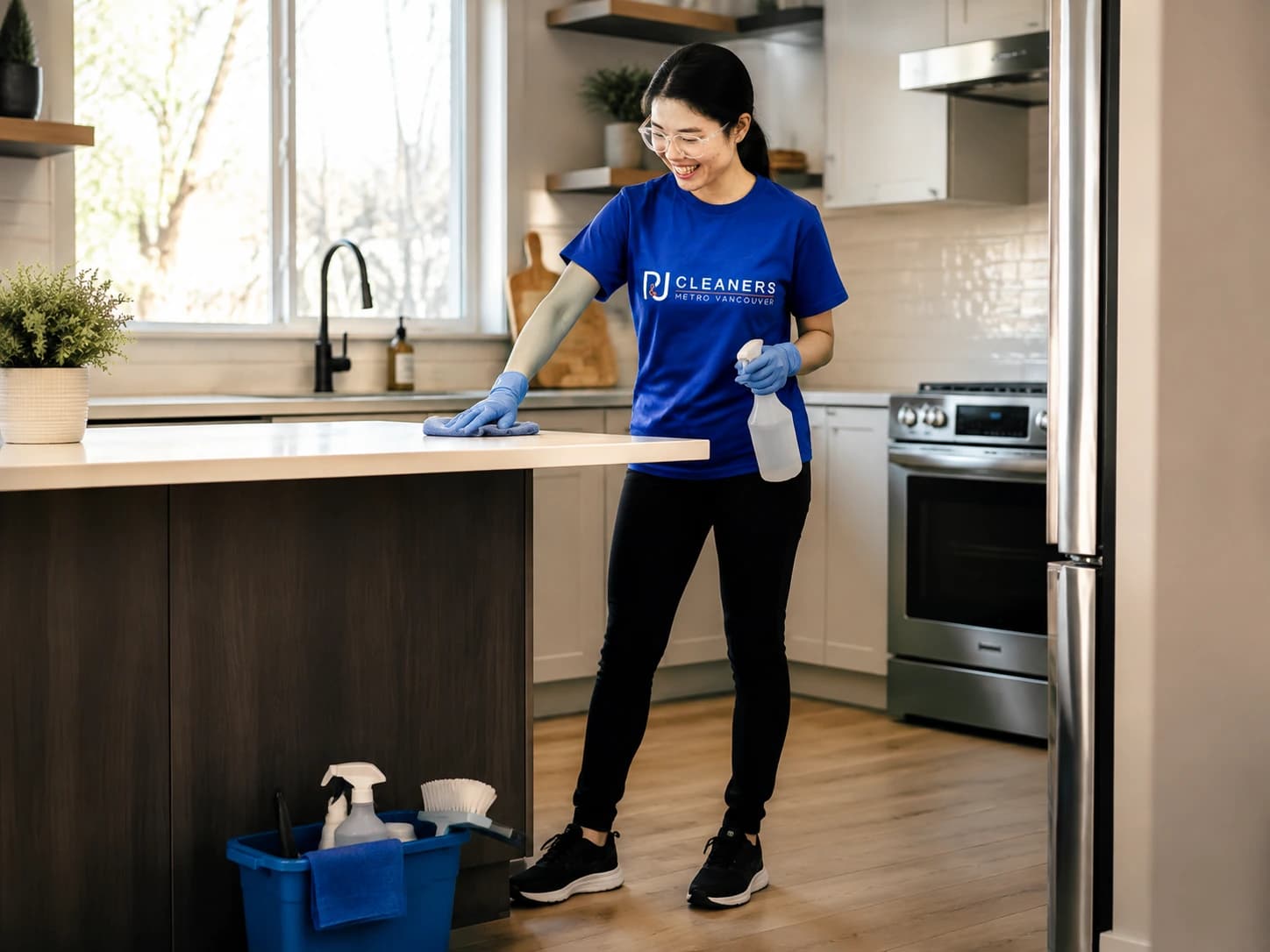 Professional cleaner preparing a kitchen for new homeowners during move-in