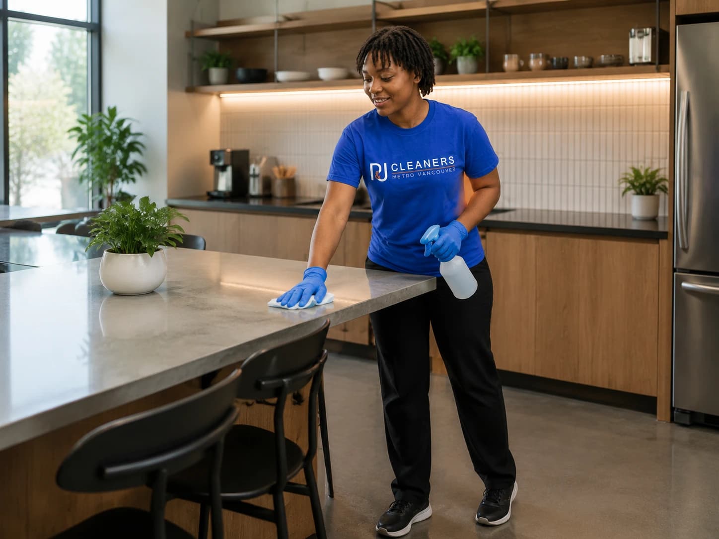 Professional cleaner cleaning an office break room kitchen area