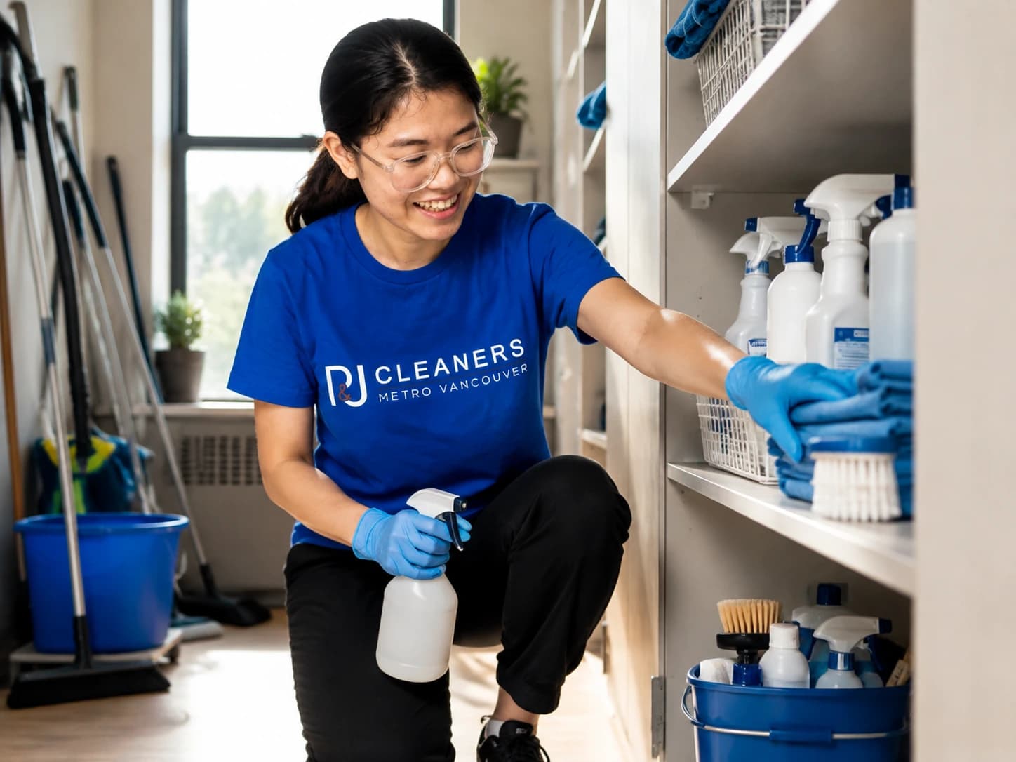 Professional cleaner organizing cleaning supply closet in commercial facility