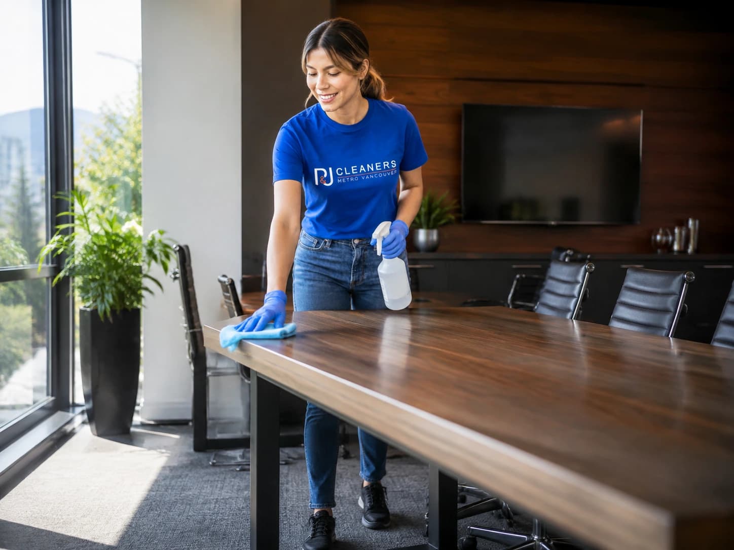 Professional cleaner wiping down a corporate conference room table