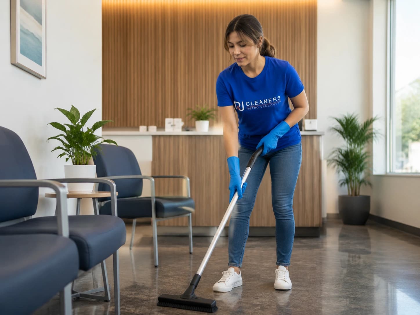Professional cleaner sanitizing medical clinic waiting room following emergency protocols