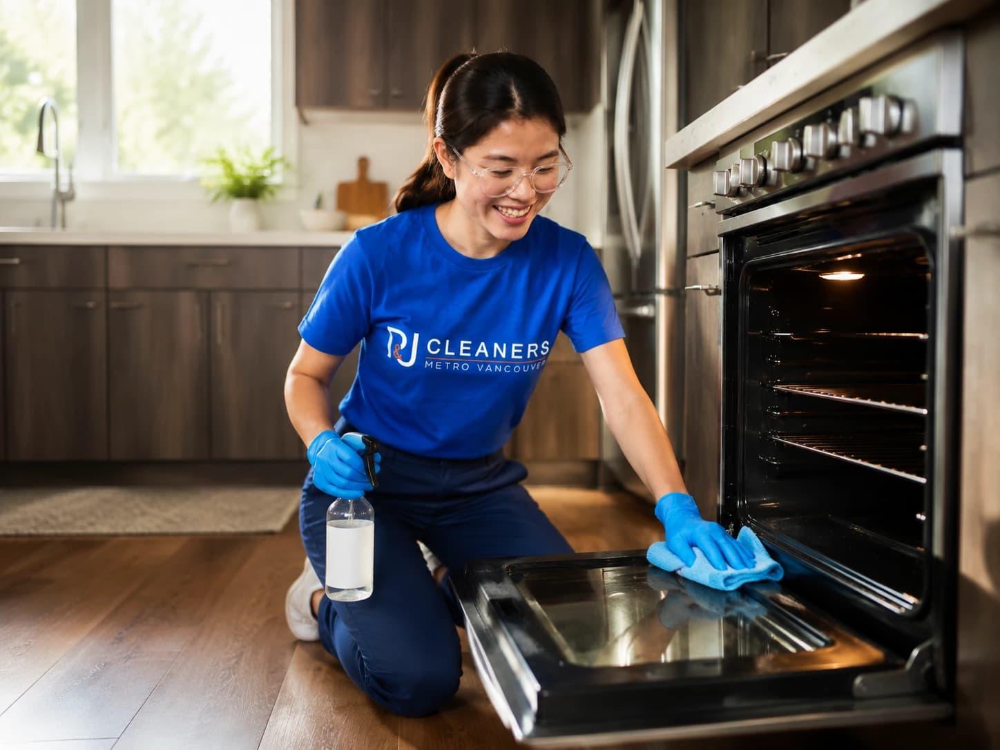 Cleaner deep cleaning a condo kitchen during spring cleaning in downtown Vancouver