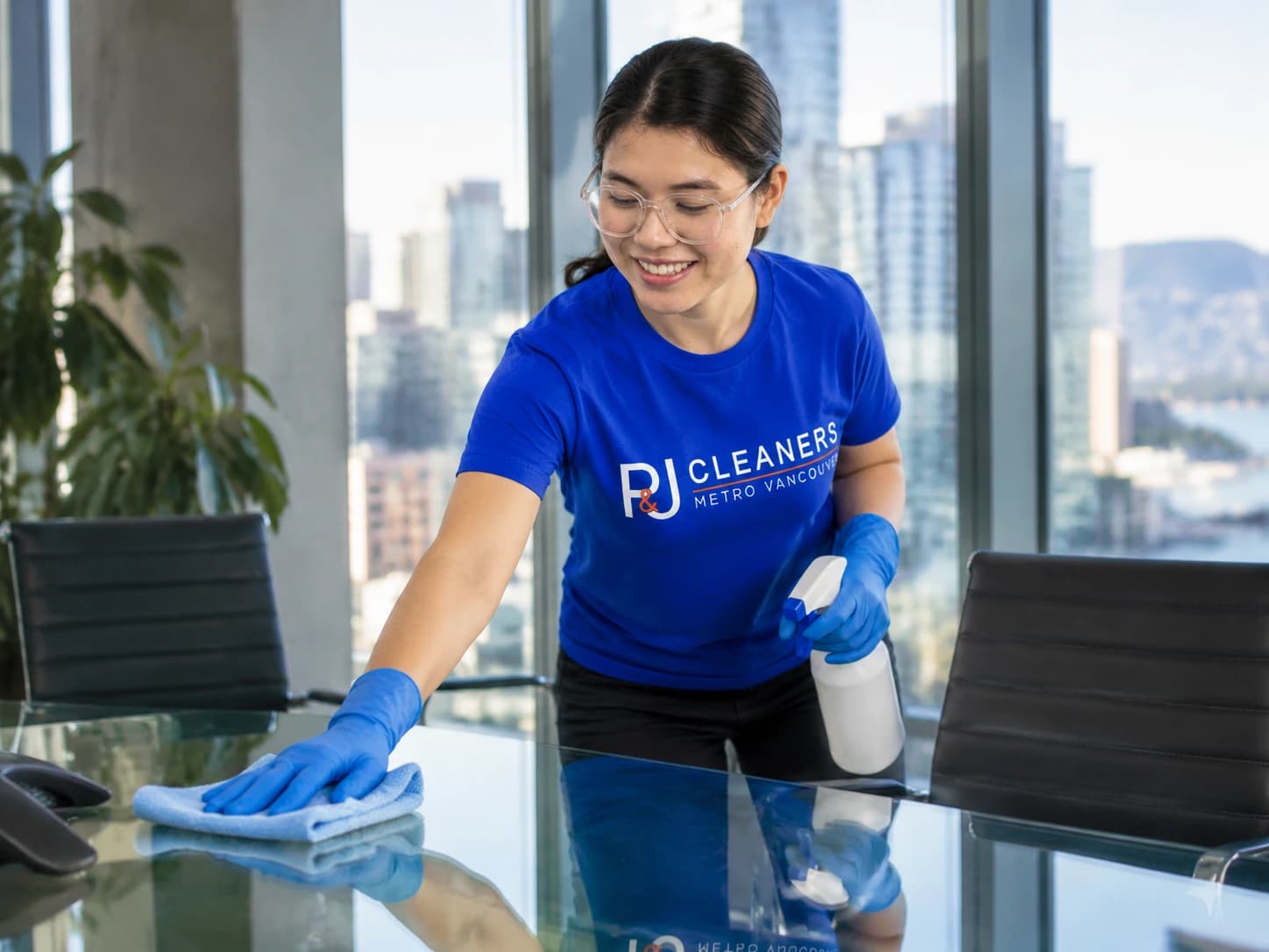 Professional cleaner wiping a glass conference table in a modern Vancouver office boardroom