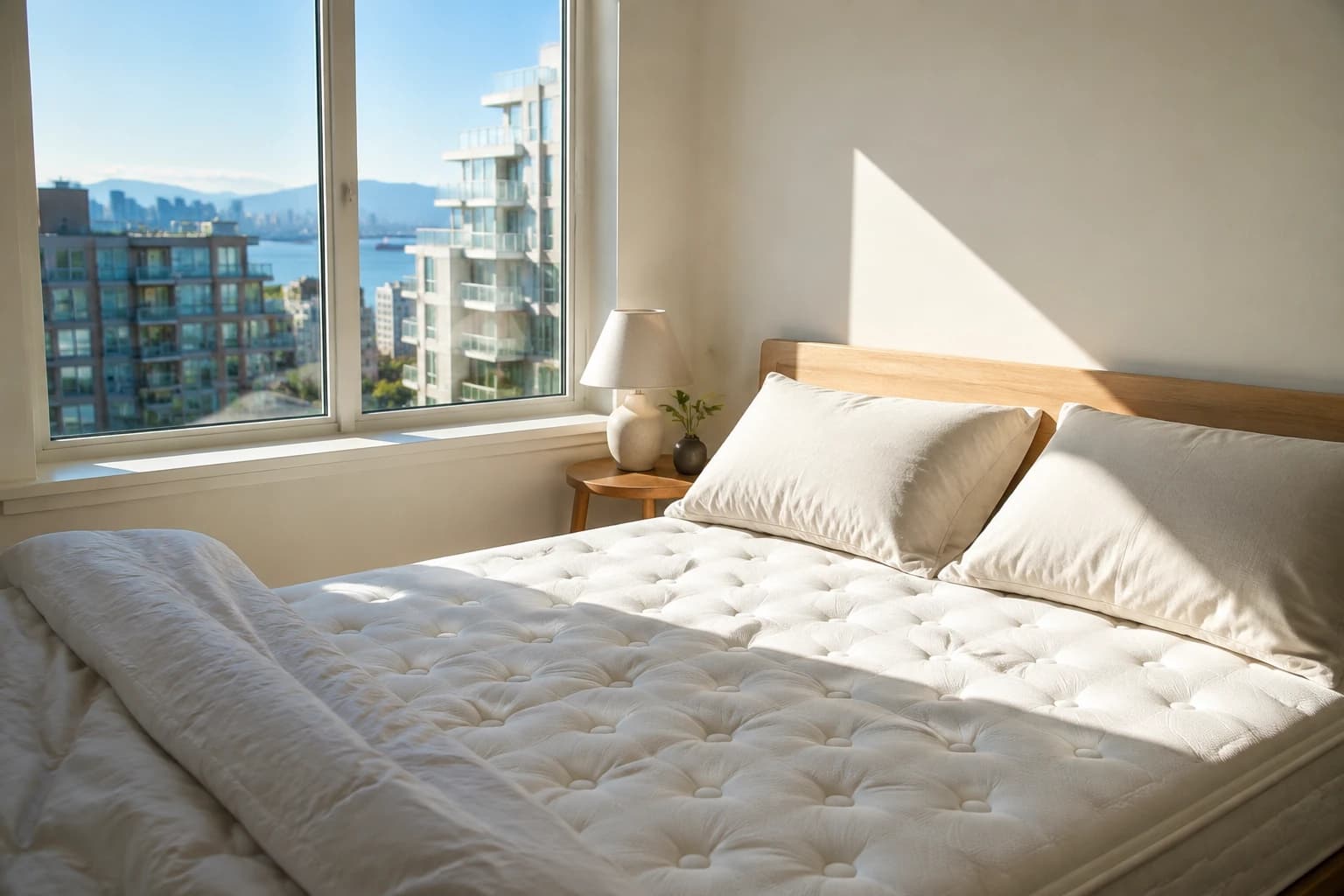 Stripped bed and bare mattress in a bright Vancouver condo bedroom with morning light raking across the pillows