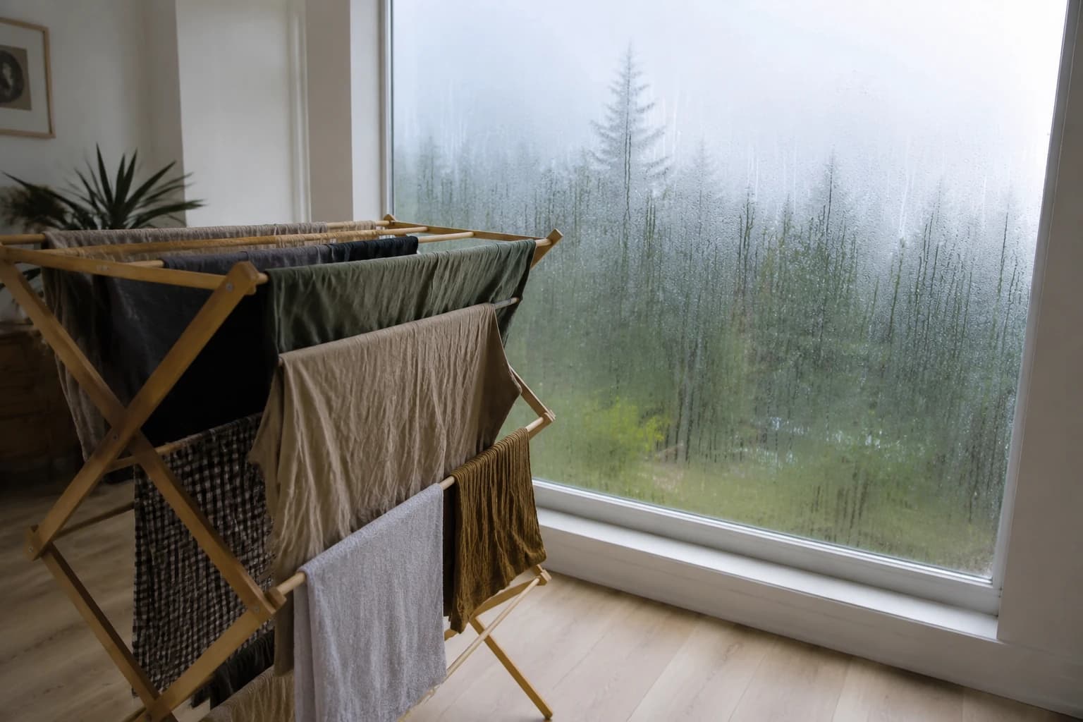 Damp laundry on an indoor drying rack beside a window streaming with condensation in a West Coast apartment