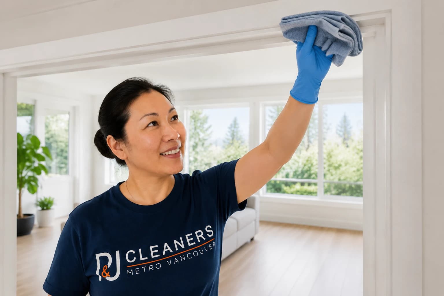 P&J Cleaners team member wiping the top edge of a door frame with damp microfibre in a bright Vancouver living room