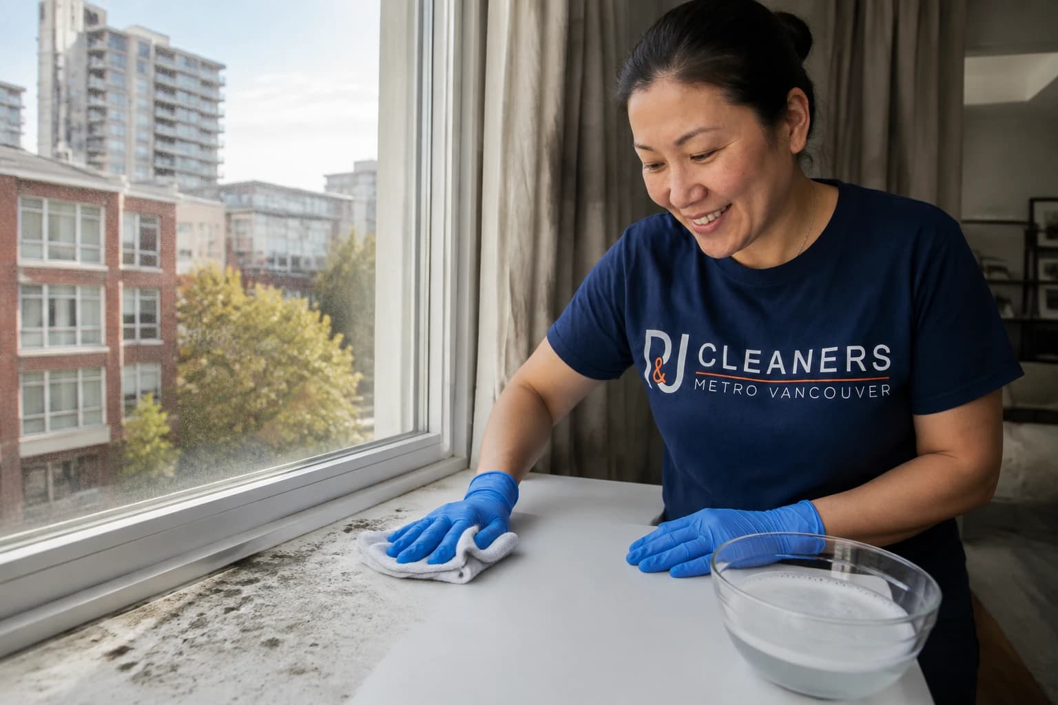 A P&J Cleaners team member lifting mould off a Vancouver windowsill with detergent, water and a microfibre cloth