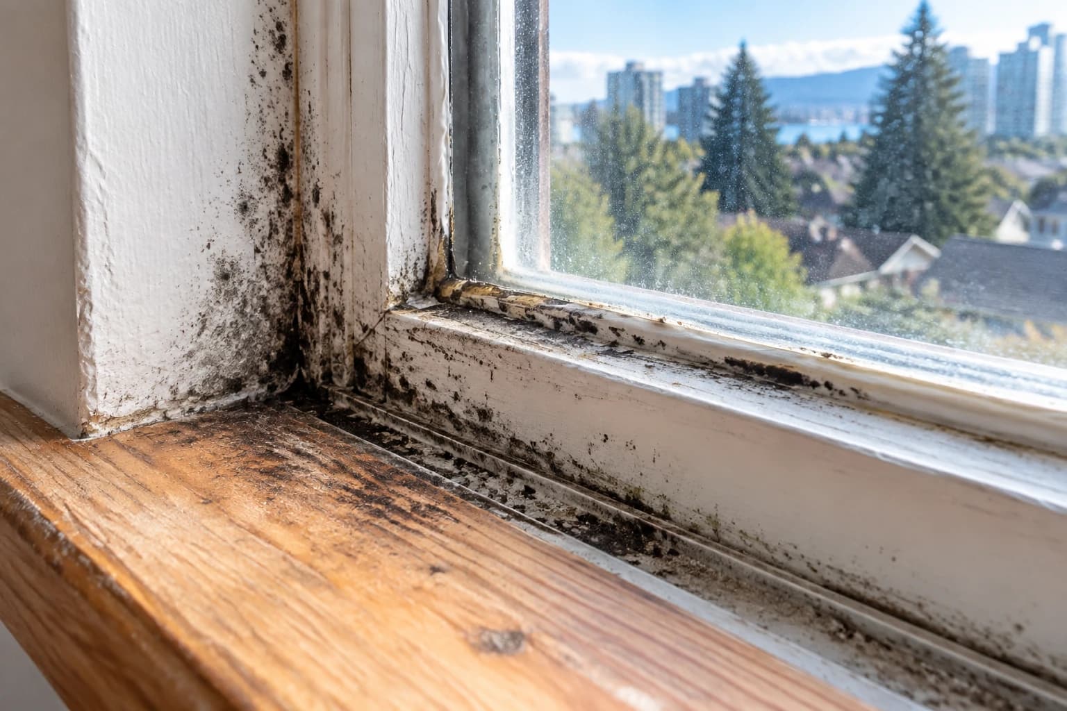 Mould on the painted reveal, frame, silicone bead, track and bare timber sill of an older Vancouver window