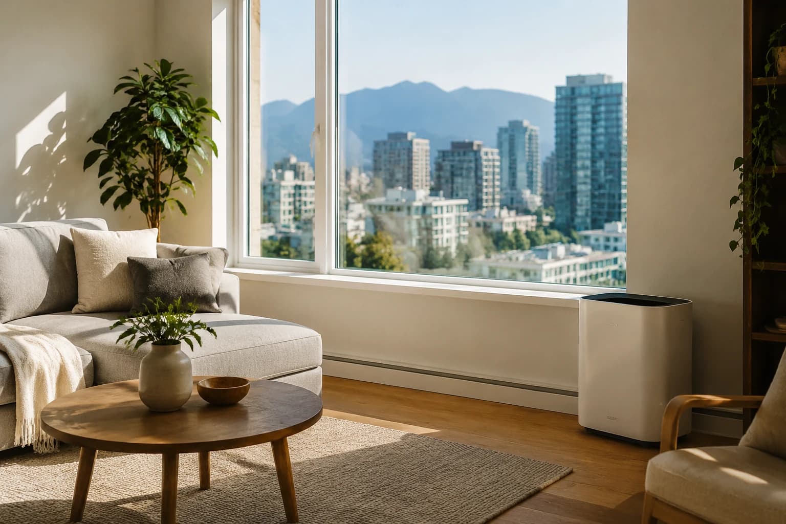Bright Vancouver living room with uncovered dry windows and a dehumidifier running against the wall