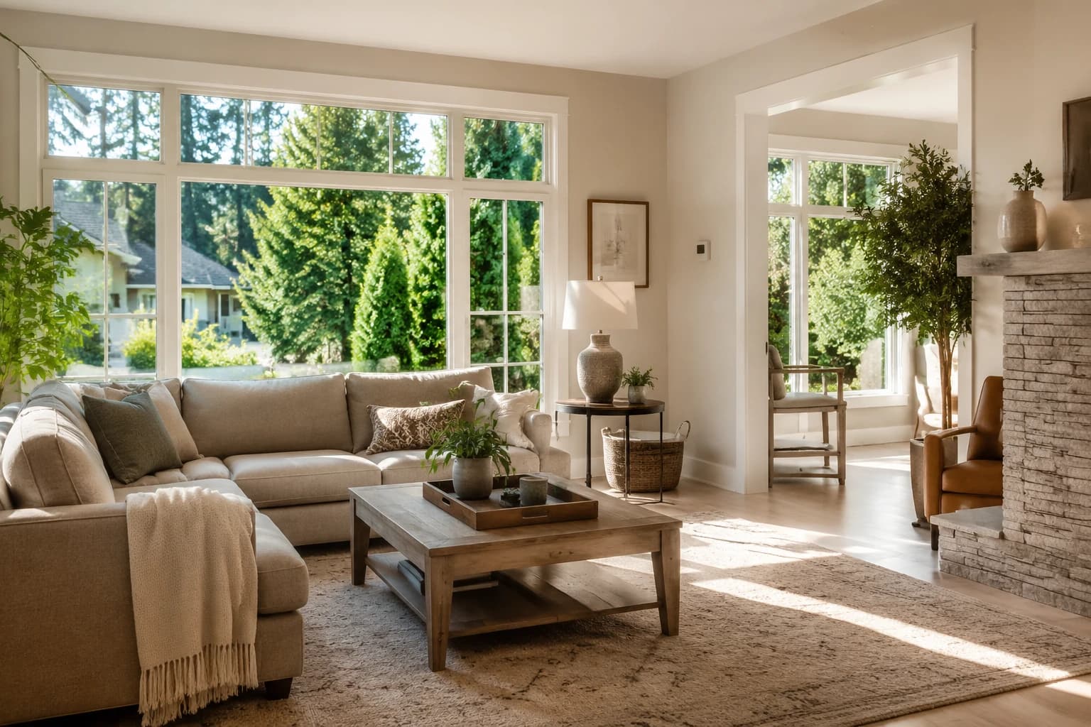 Sunlit living room of a freshly cleaned three-bedroom Metro Vancouver family home with clear surfaces and spotless floors