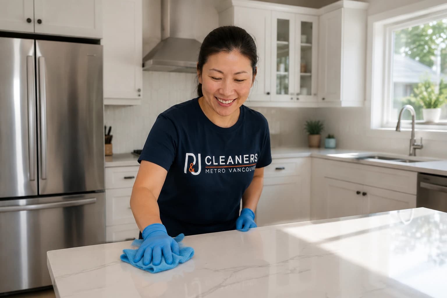 P&J Cleaners team member wiping a quartz counter mid-clean in a bright three-bedroom Vancouver family kitchen