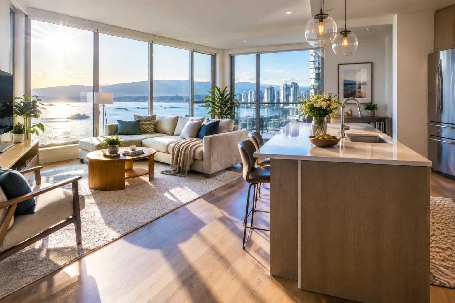 Sunlit Vancouver condo living room and kitchen photographed after a full deep clean with clear counters and glossy floors