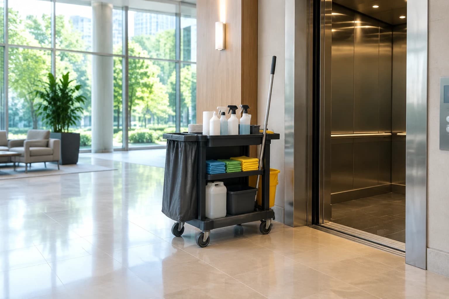 Unbranded cleaning supply cart waiting at the elevator doors in a bright Metro Vancouver condo tower lobby