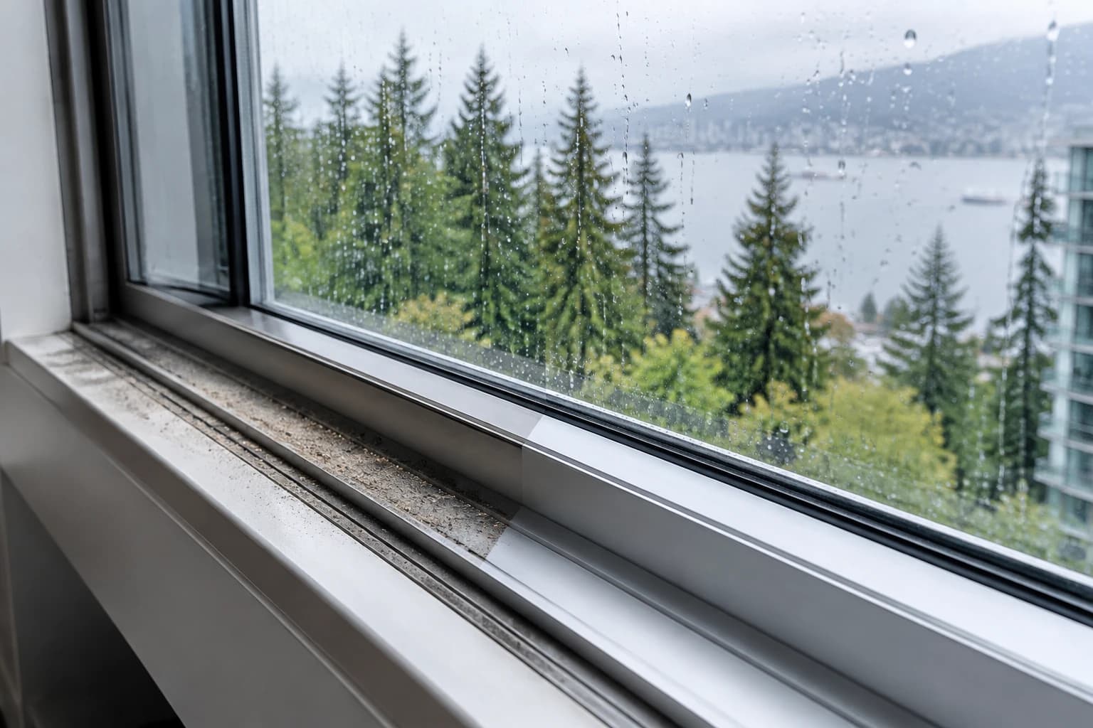 Rain-streaked Vancouver window with one half of the sliding track still gritty and the other wiped clean to bare metal