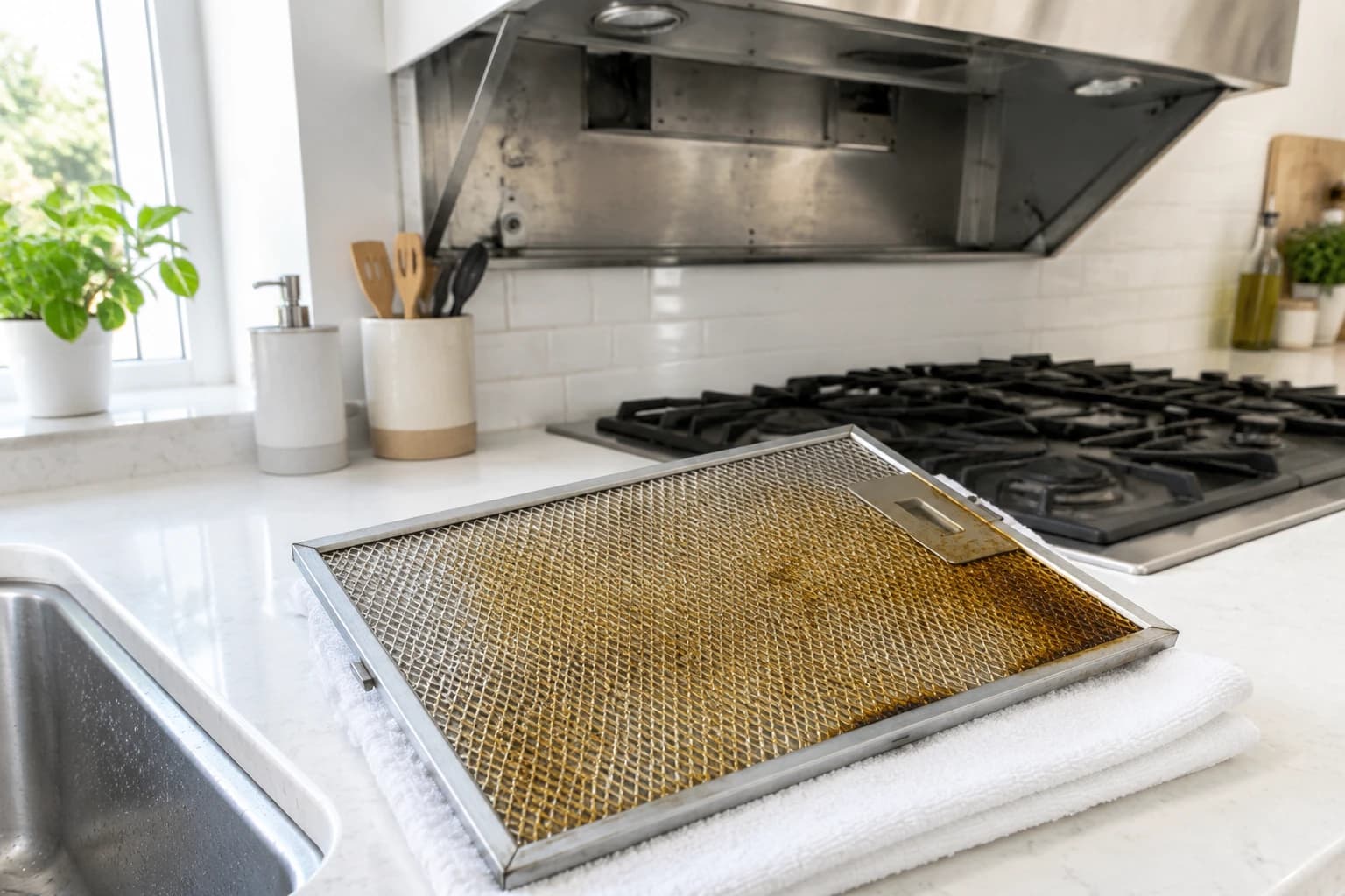 Grease-loaded aluminum mesh range hood filter resting on a towel beside a Vancouver kitchen sink, hood empty above