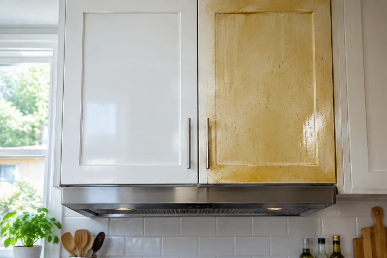 Two upper cabinet doors above a stove, the left one degreased white and the right one still coated in amber cooking grease