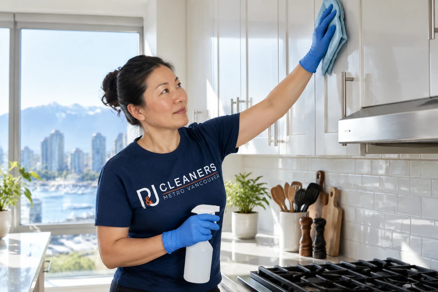 P&J Cleaners team member in navy uniform degreasing upper cabinet doors top-down in a bright Vancouver condo kitchen