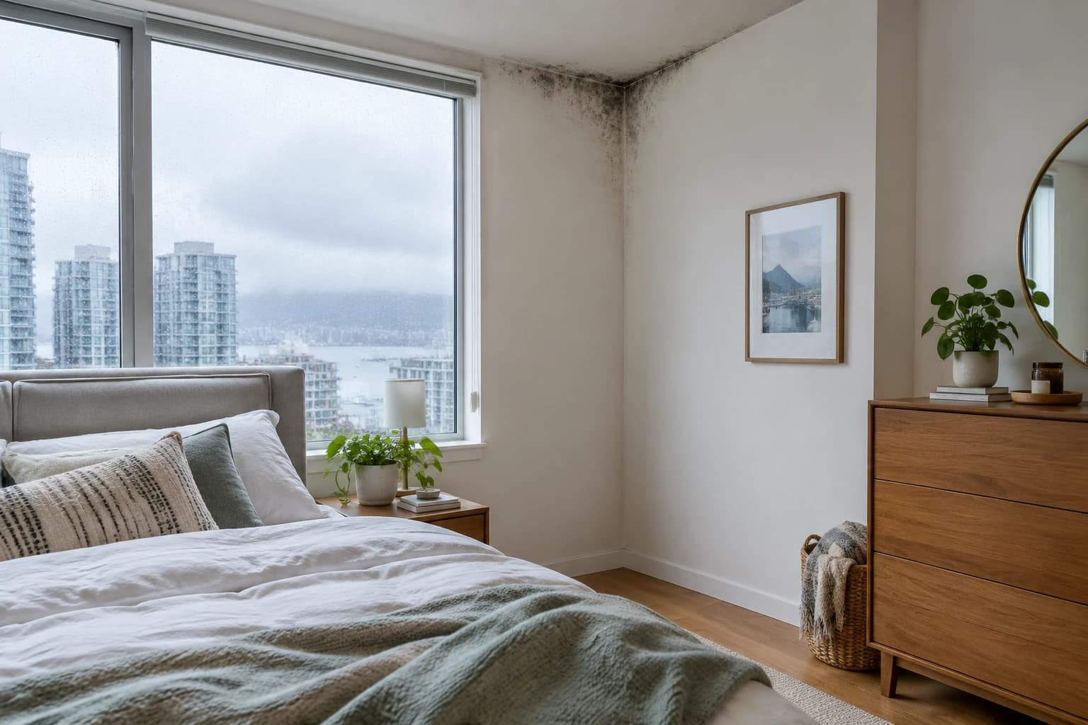 Mould spreading along the top corner of an exterior bedroom wall in a rainy Vancouver high-rise condo
