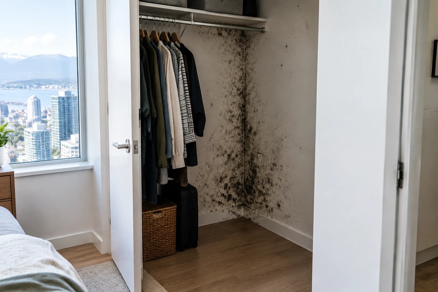 Mould covering the back wall and cold outside corner of a bedroom closet in a Vancouver condo