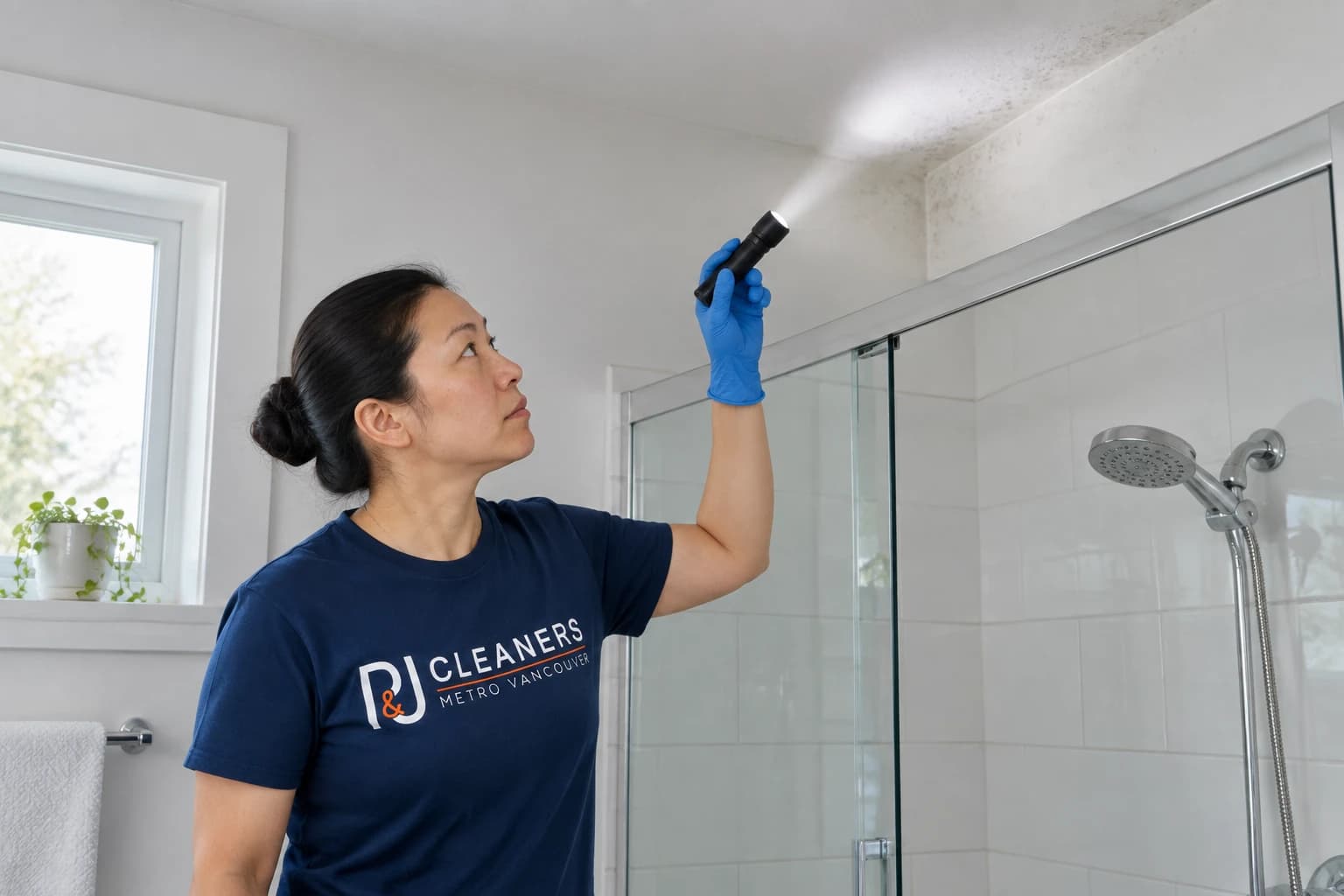 P&J Cleaners team member raking a torch beam across a bathroom ceiling corner to show where early mould starts