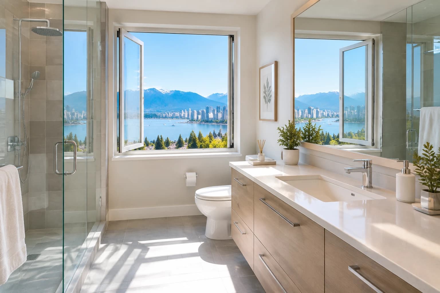 Bright Vancouver bathroom with the window wide open and a clear, dry mirror after proper ventilation