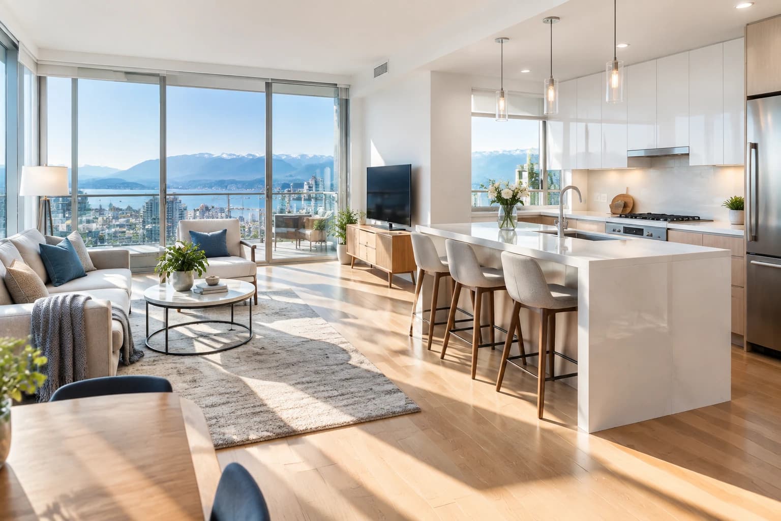 Sunlit Vancouver condo living room and kitchen after a full deep clean, North Shore mountains through the balcony glass