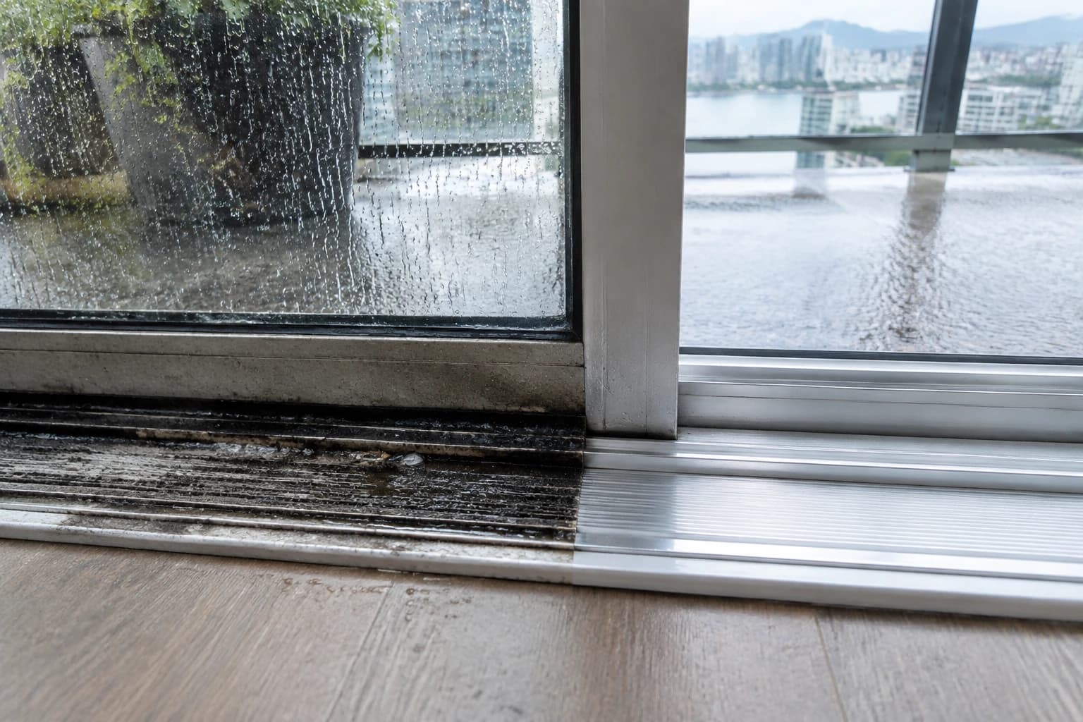 Vancouver balcony door track with the left half still black with grime and the right half scrubbed back to bare aluminium