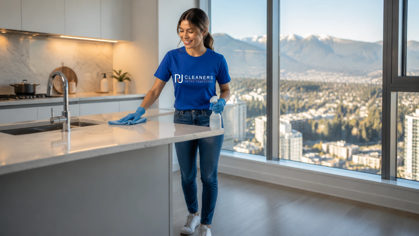 Professional cleaner wiping countertop and stainless steel refrigerator in a modern Brentwood kitchen, providing General Cleaning services
