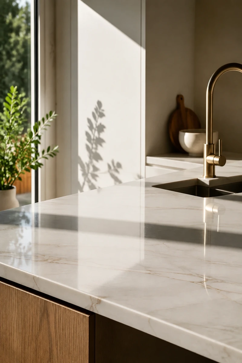 Professional general cleaning service in Burke Mountain — cleaner wiping countertop and stainless steel refrigerator in modern, bright kitchen