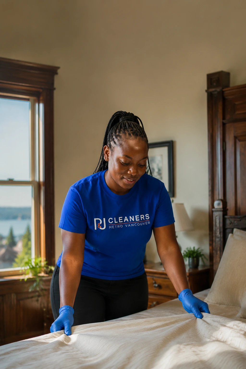 Professional General Cleaning service in Burnaby Heights — cleaner wiping glass table in modern apartment with scenic city view