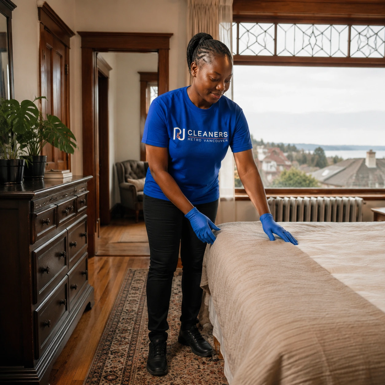Professional General Cleaning service in Burnaby Heights — cleaner wiping glass table in modern apartment with scenic city view