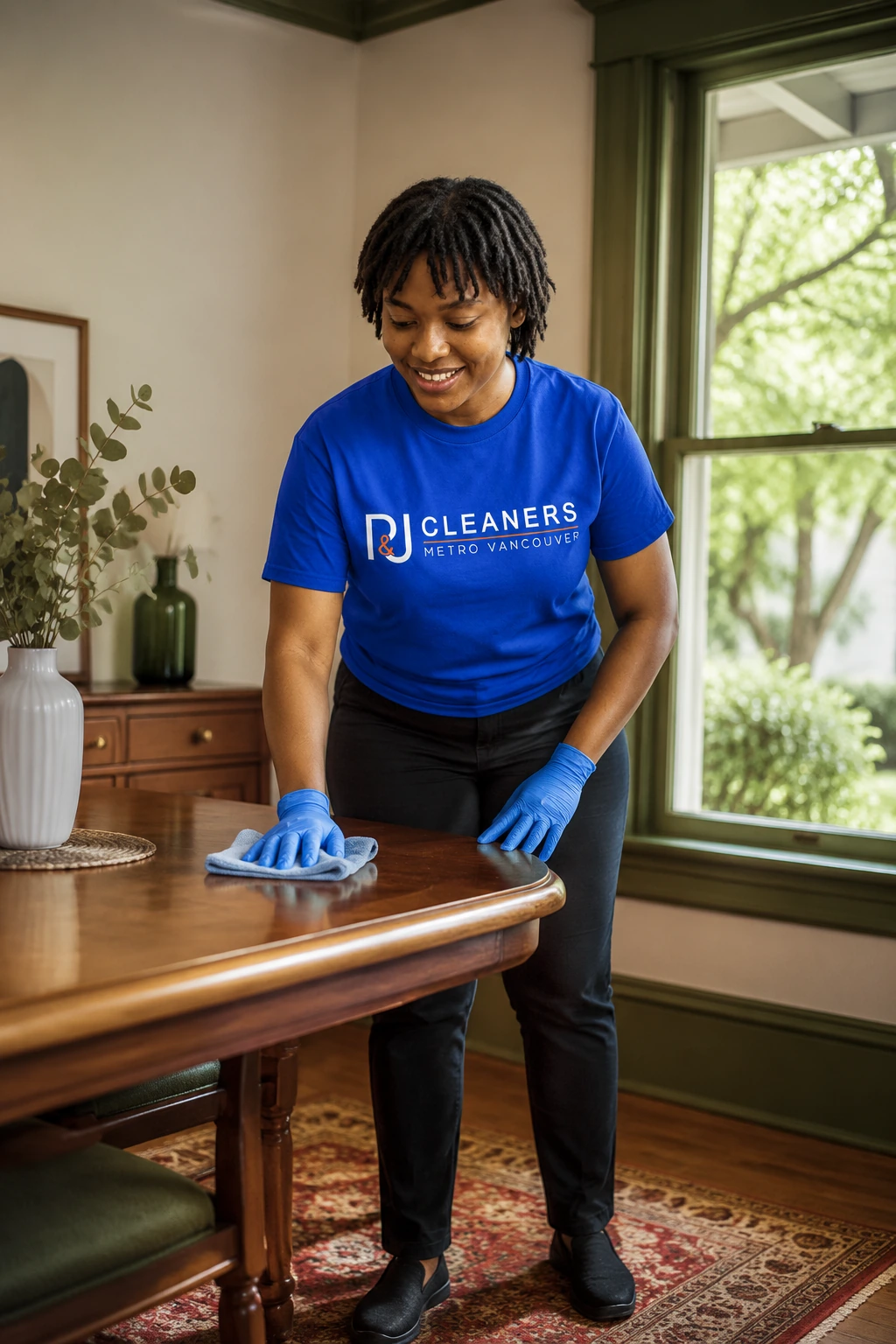 Professional General Cleaning service in Commercial Drive — cleaner wiping glass table in modern apartment with scenic city view