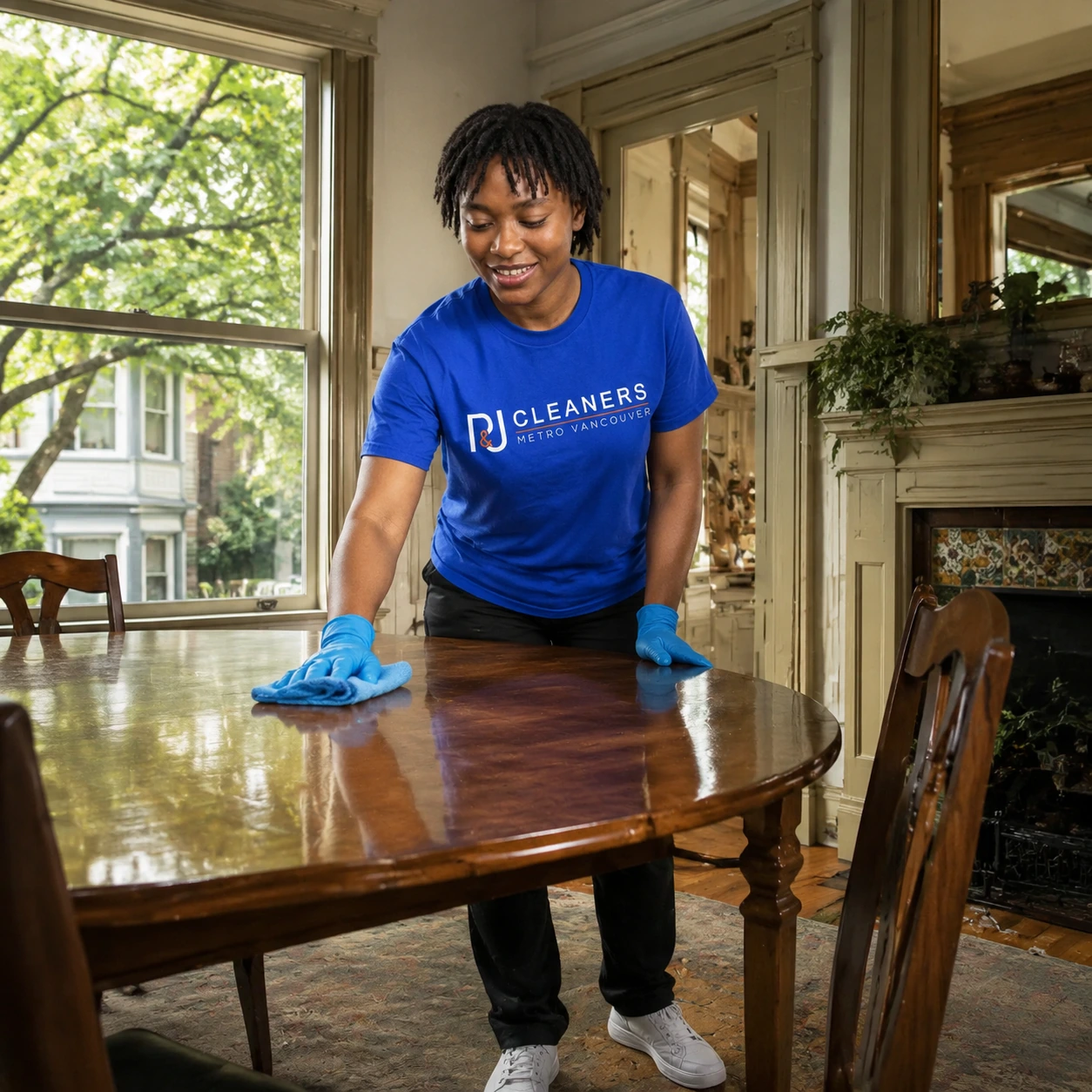 Professional General Cleaning service in Commercial Drive — cleaner wiping glass table in modern apartment with scenic city view