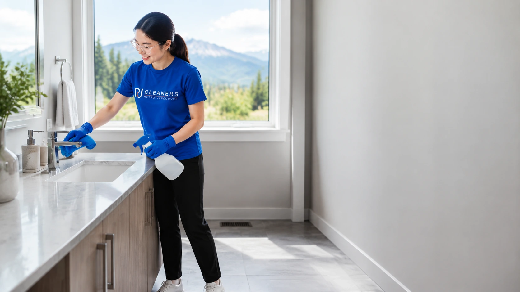 Professional cleaner wiping countertop and stainless steel refrigerator in a modern Coquitlam kitchen, showcasing General Cleaning services