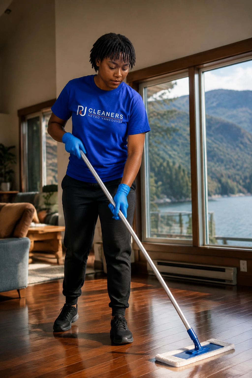 Professional general cleaning service in Deep Cove — cleaner wiping countertop and stainless steel refrigerator in a modern, bright kitchen