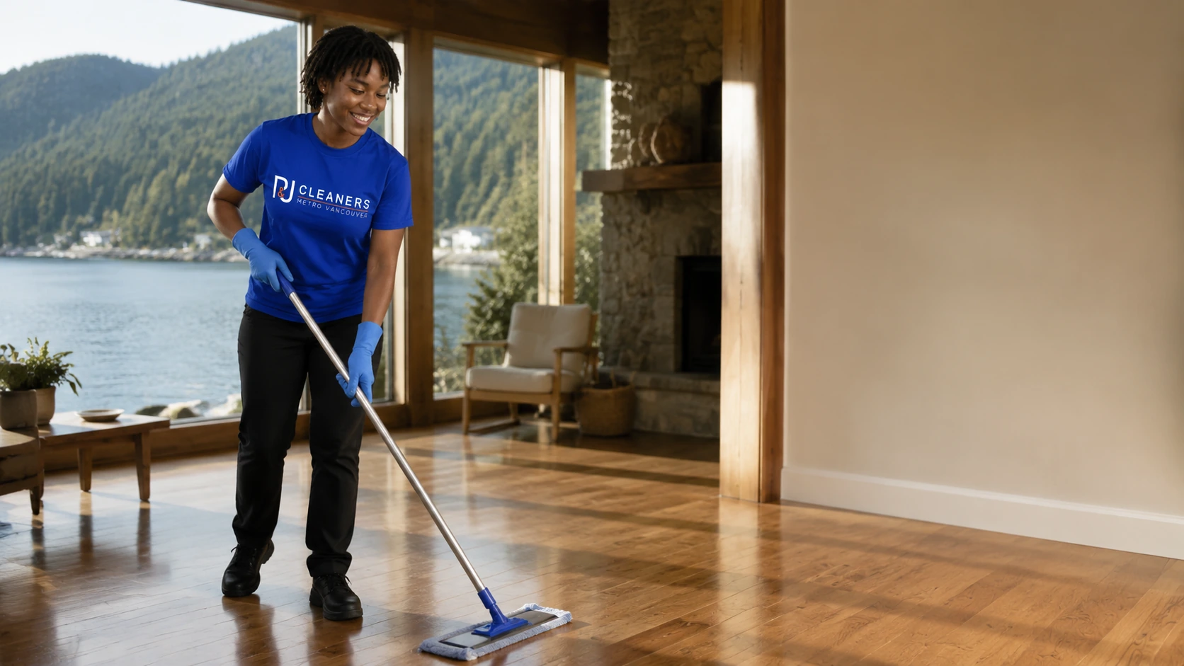 Professional general cleaning service in Deep Cove — cleaner wiping countertop and stainless steel refrigerator in a modern, bright kitchen