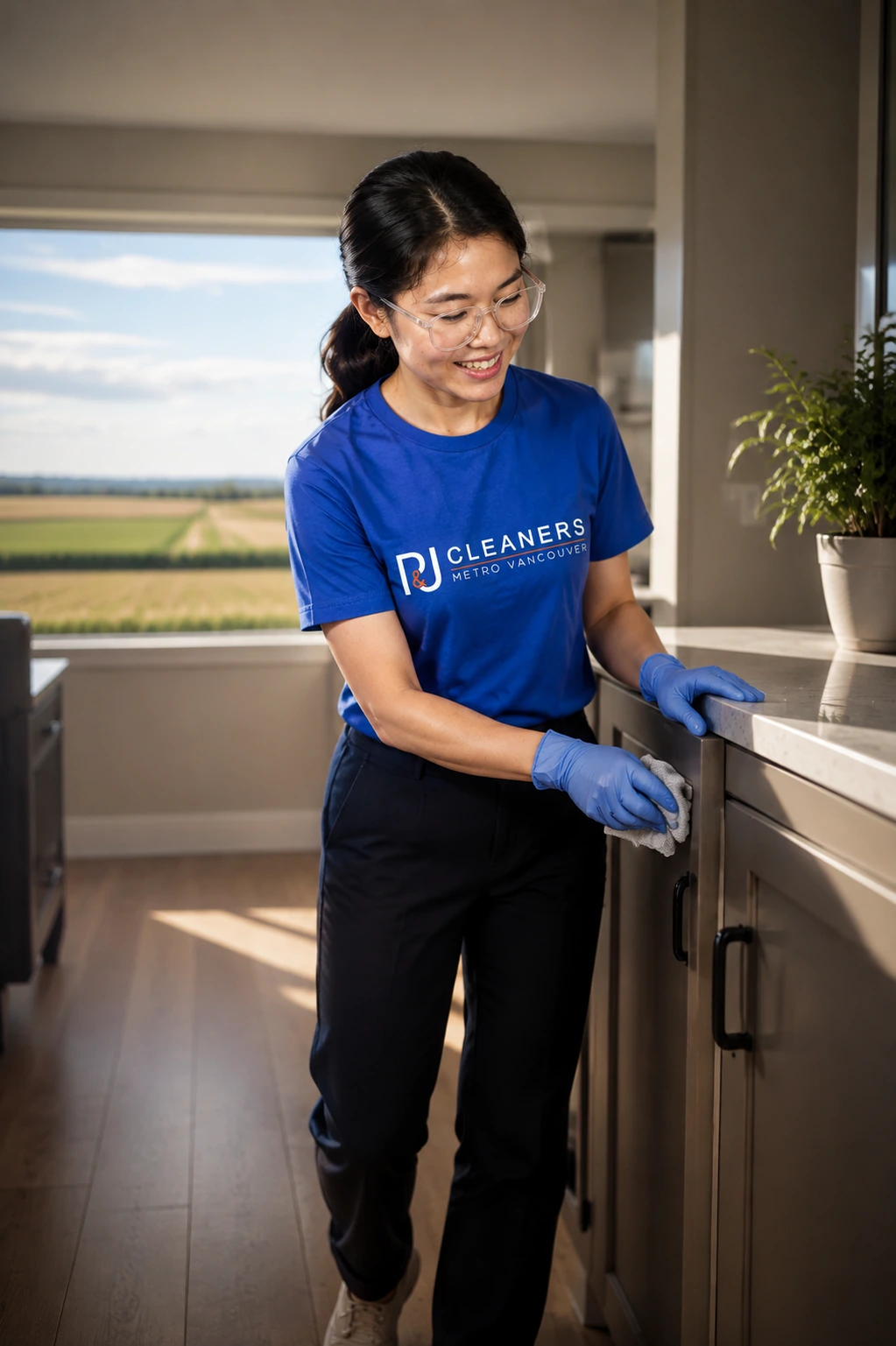 Professional general cleaning service in Delta — cleaner wiping countertop and stainless steel refrigerator in modern, bright kitchen