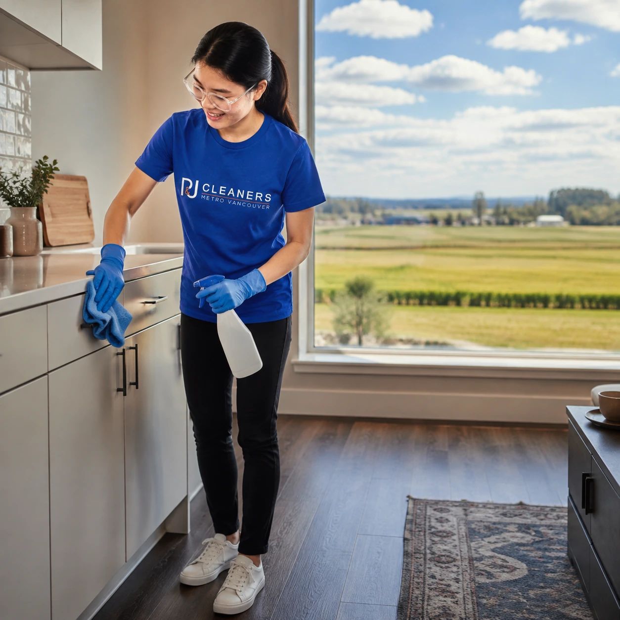 Professional general cleaning service in Delta — cleaner wiping countertop and stainless steel refrigerator in modern, bright kitchen