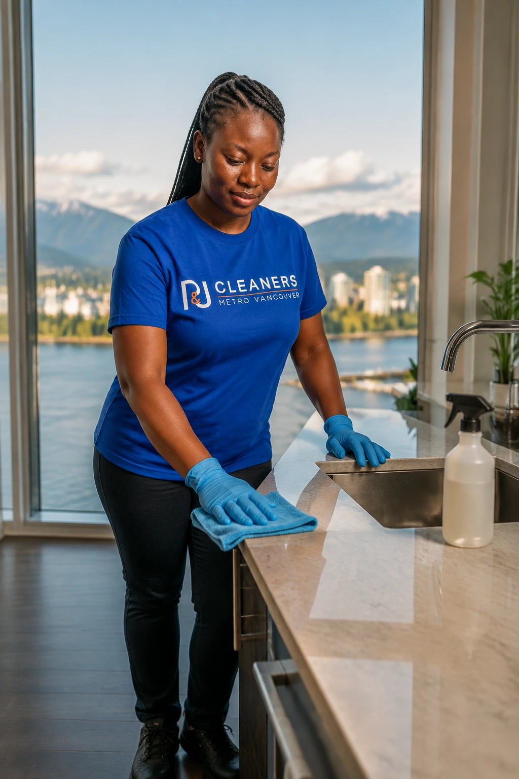 Professional General Cleaning service in Downtown Vancouver — cleaner wiping glass table in modern apartment with scenic city view