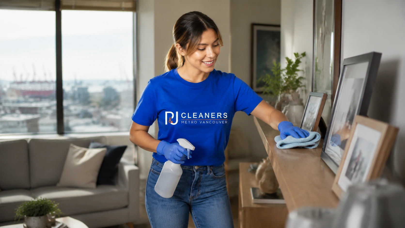 Professional General Cleaning service in East Vancouver — cleaner wiping glass table in modern apartment with scenic city view