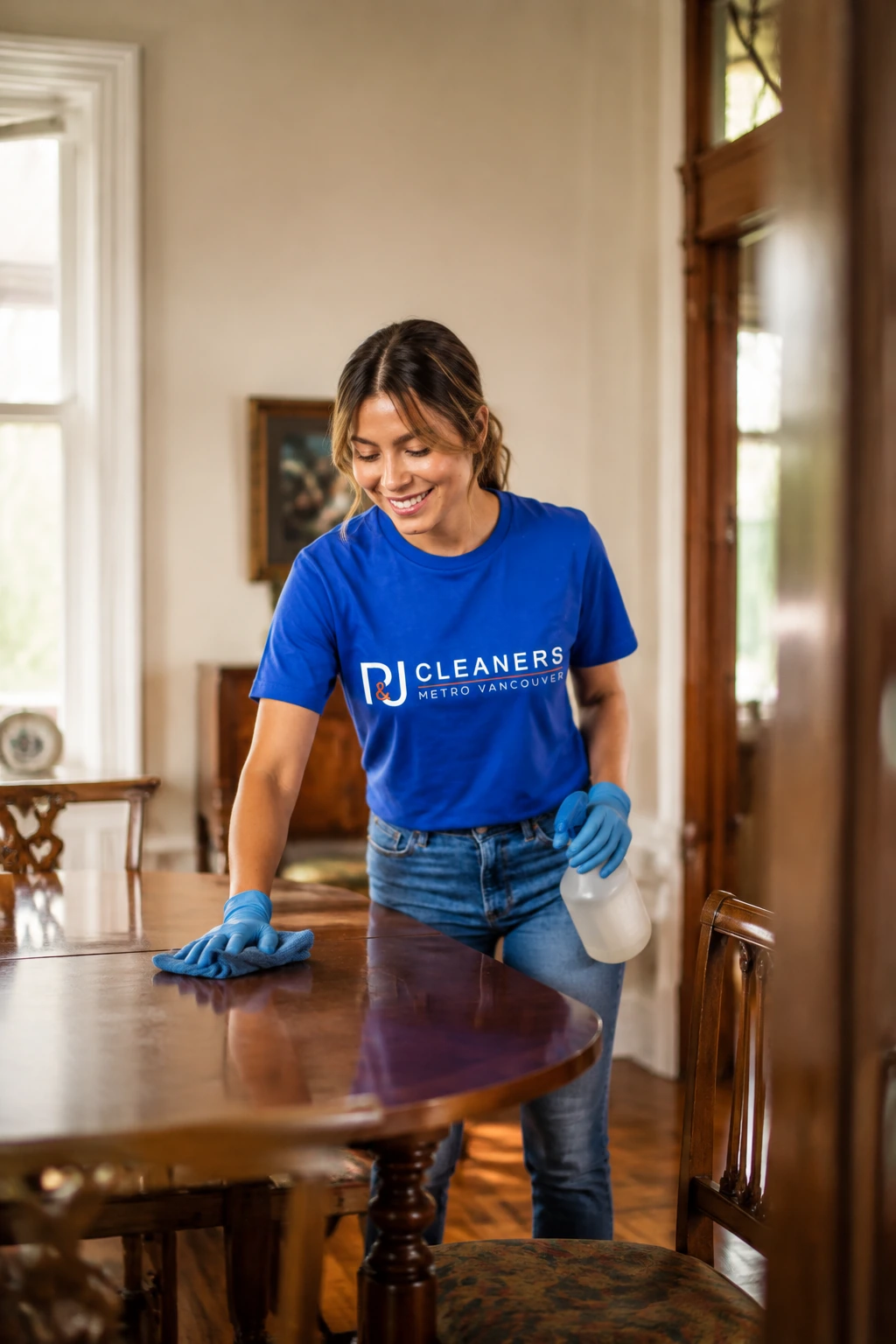 Professional cleaner wiping kitchen countertop and stainless steel refrigerator for General Cleaning services in Fort Langley