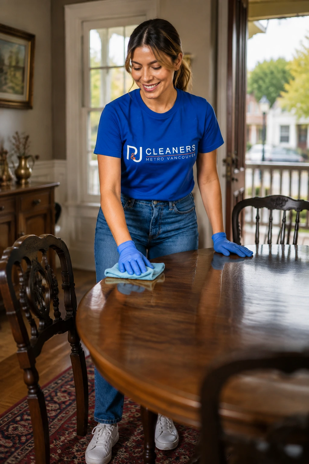 Professional cleaner wiping kitchen countertop and stainless steel refrigerator for General Cleaning services in Fort Langley