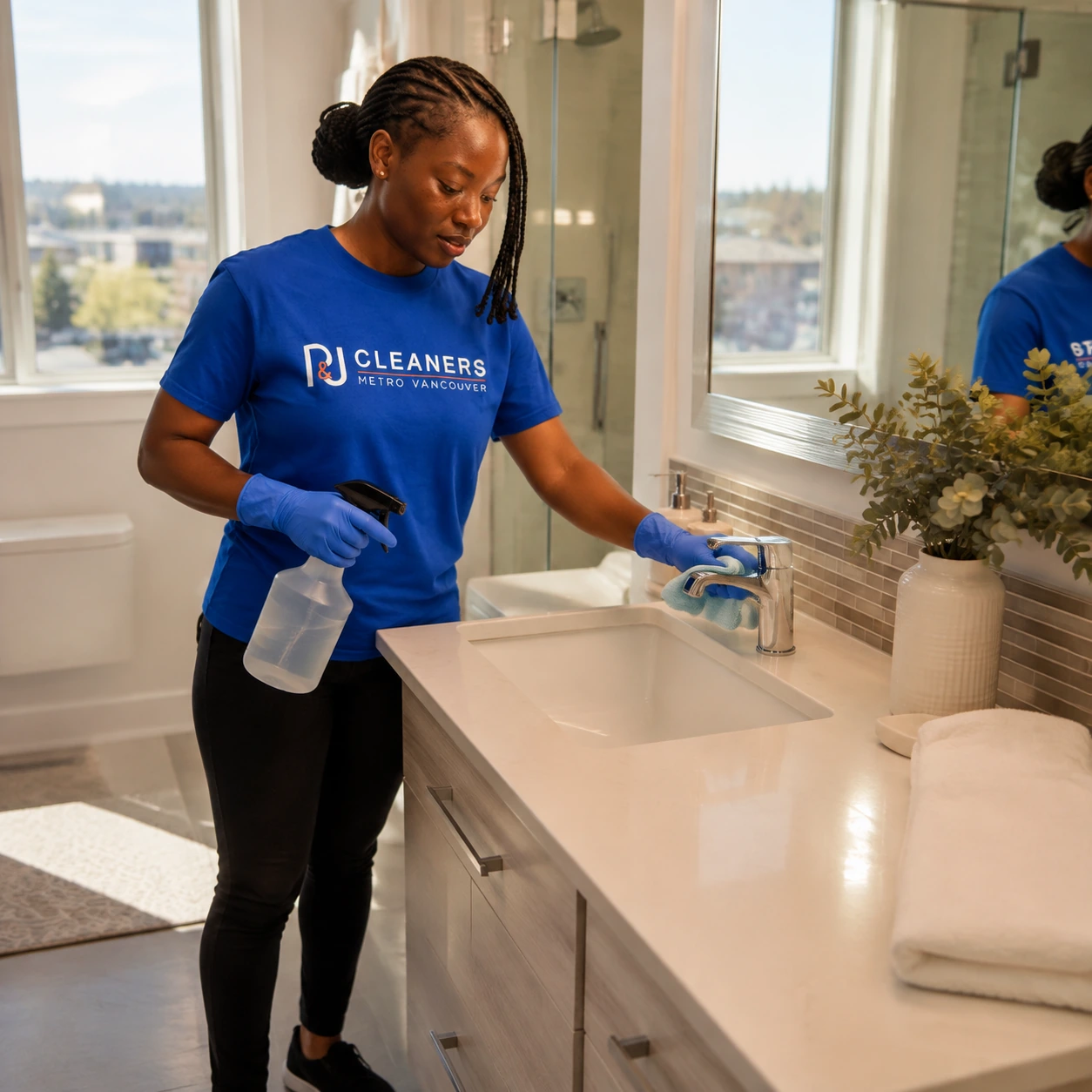 Professional cleaner wiping countertop and stainless steel refrigerator in a modern, bright Guildford kitchen — General Cleaning services by P&J Cleaners