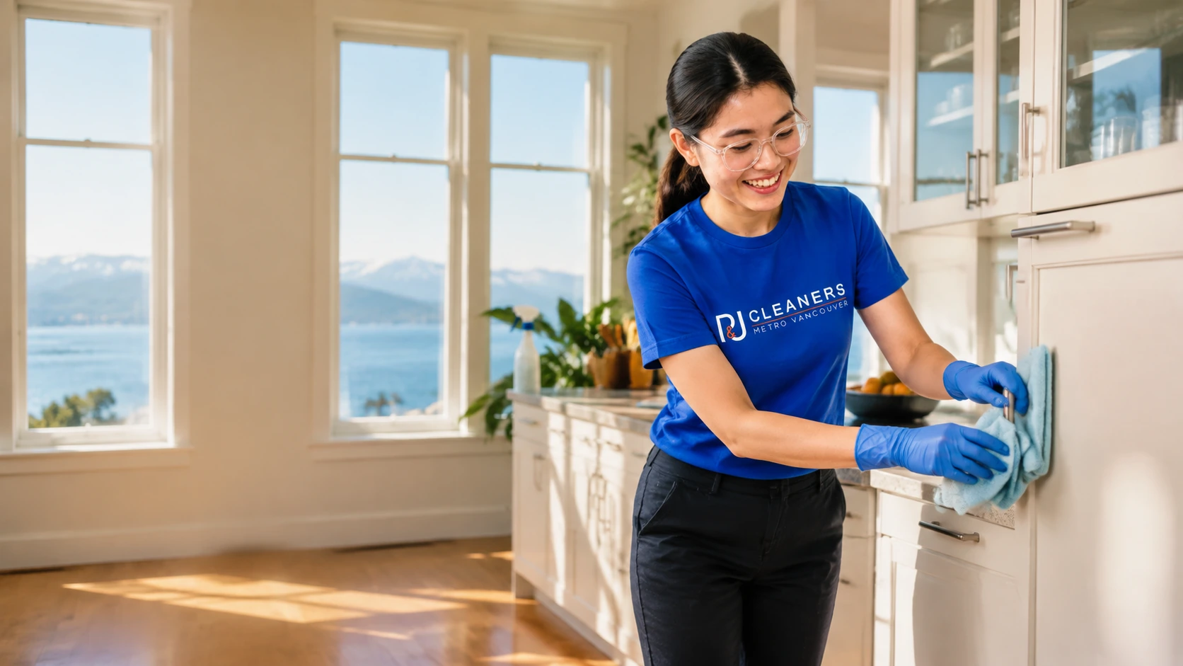Professional general cleaning service in Kitsilano — cleaner wiping glass table in modern apartment with scenic city view