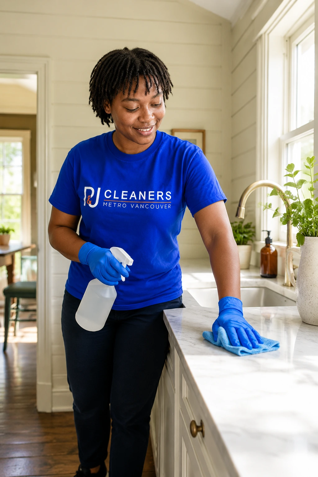 Professional general cleaning service in Ladner — cleaner wiping countertop and stainless steel refrigerator in modern, bright kitchen