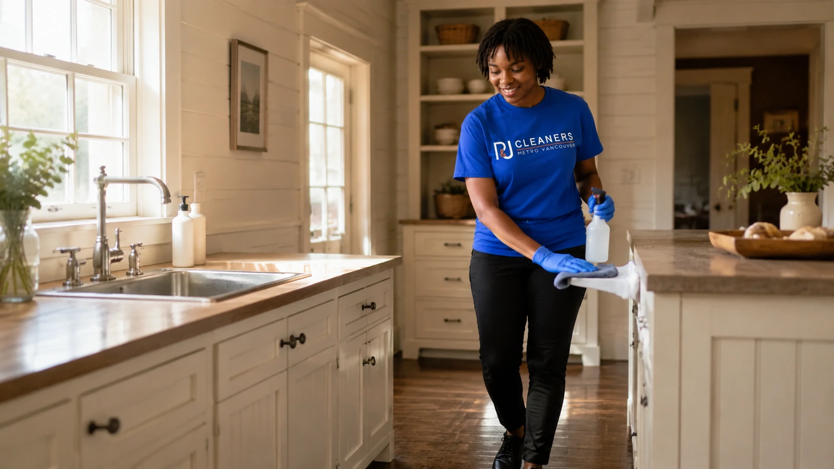 Professional general cleaning service in Ladner — cleaner wiping countertop and stainless steel refrigerator in modern, bright kitchen