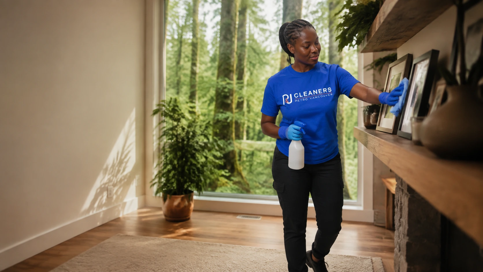 Professional cleaner wiping kitchen countertop and stainless steel refrigerator for General Cleaning service in Lynn Valley